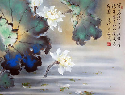 Lotus blooms in water by Kyle Chuong